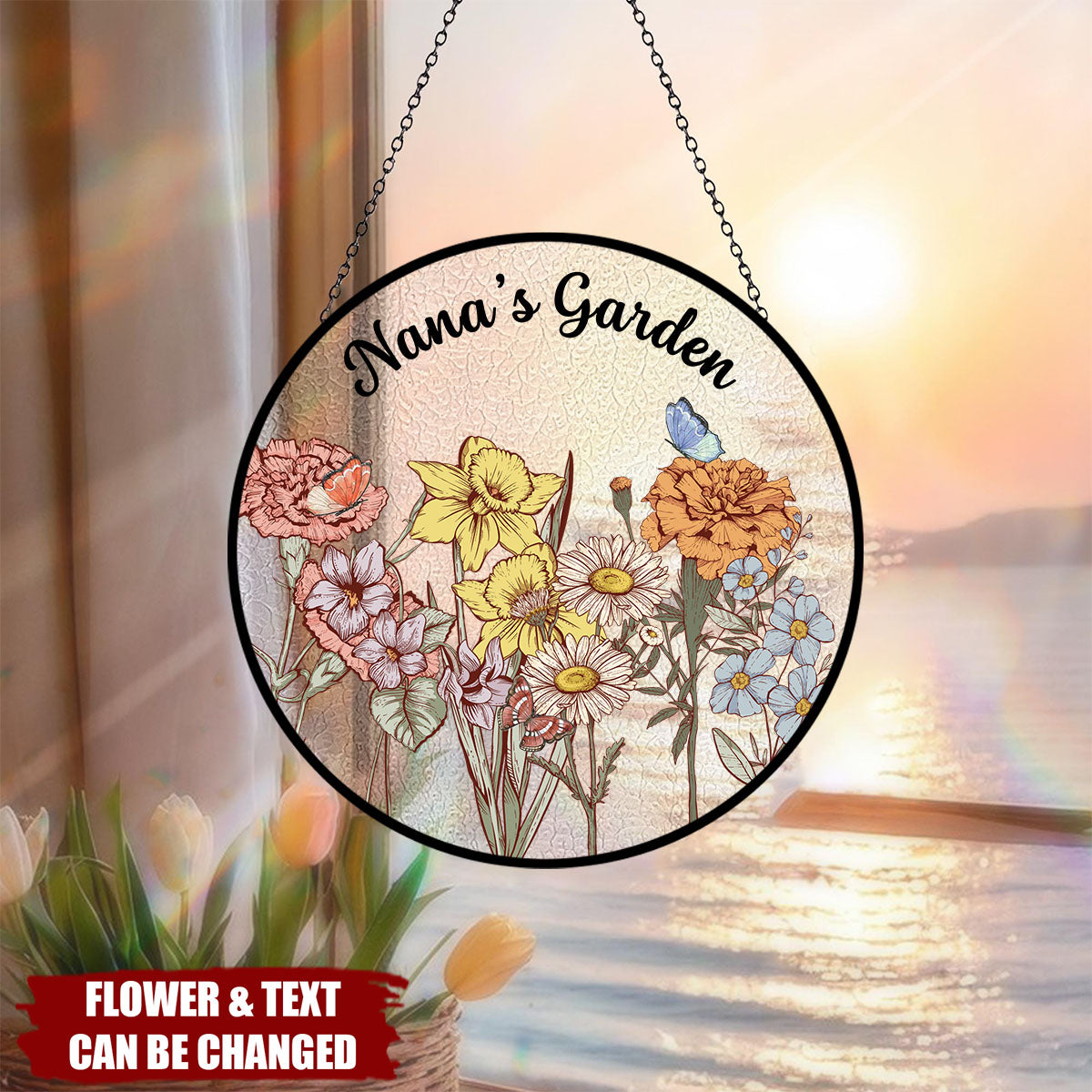Personalized Grandma Garden Family Birth Flowers Glass Suncatcher
