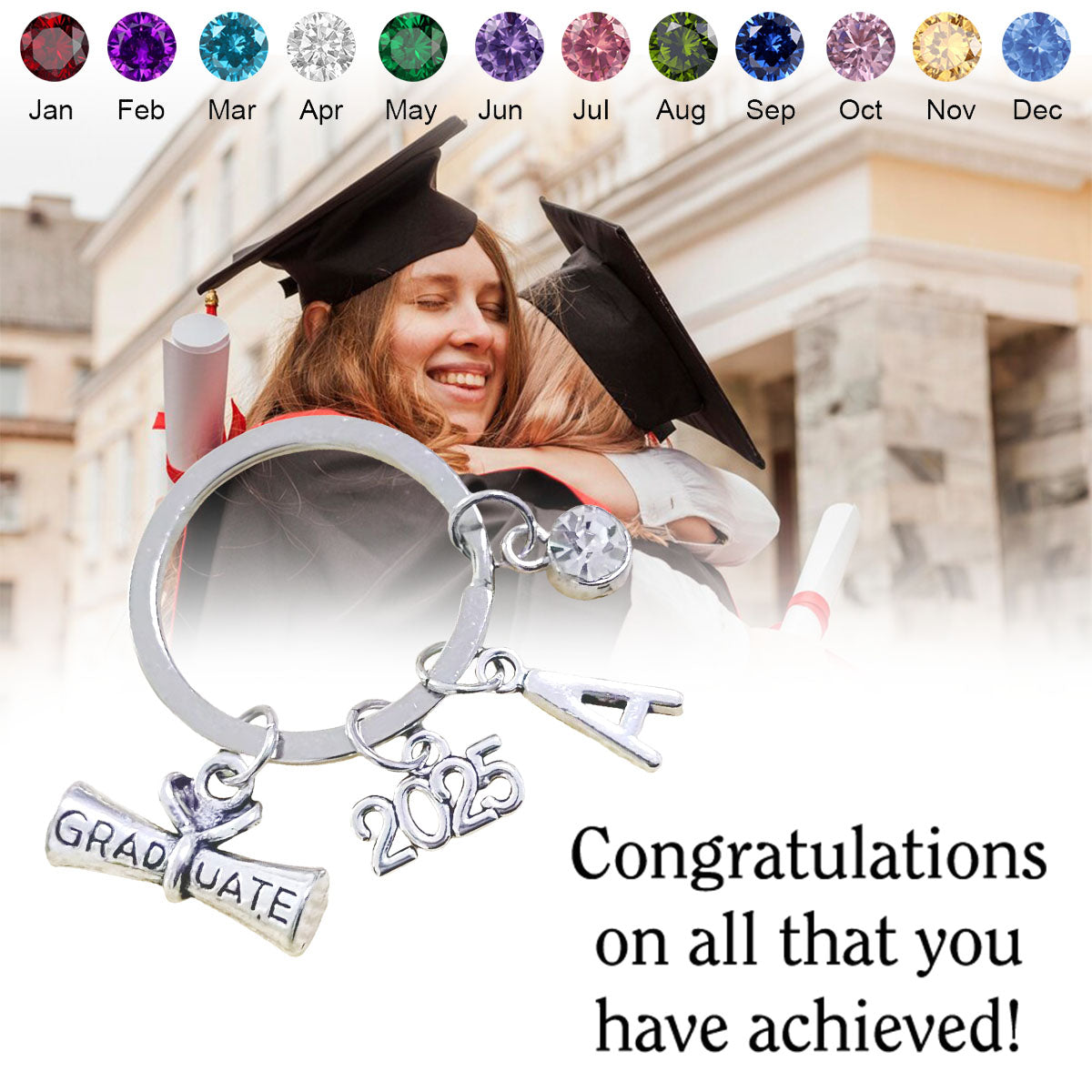 2025 Graduation Custom Initial Birthstone Personalized Keyring, Graduation Keepsake