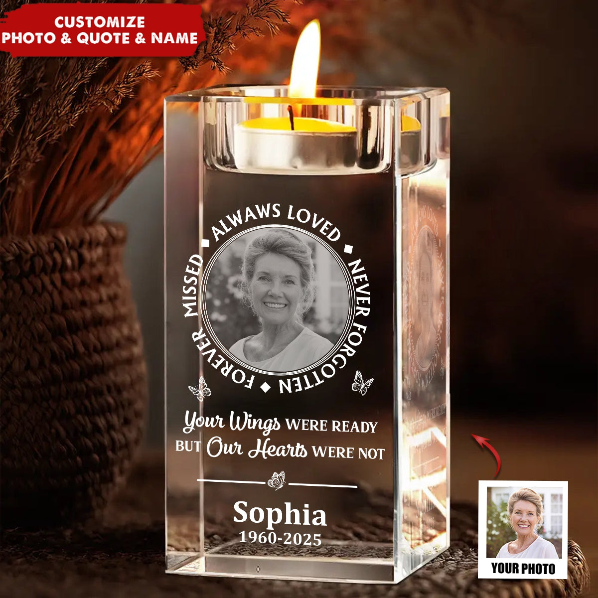 Custom Photo Memorial Always Loved Never Forgotten - Personalized Crystal Candle Holder