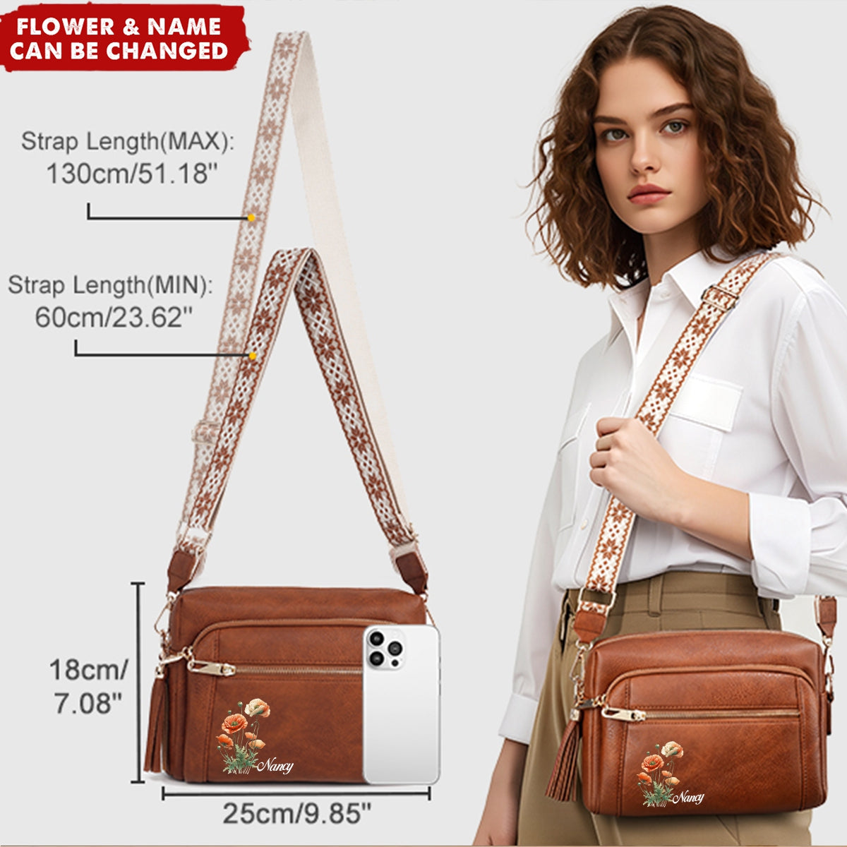 Personalized Birthday Flower Wide Strap Anti-thief Purse Shoulder Crossbody Bag