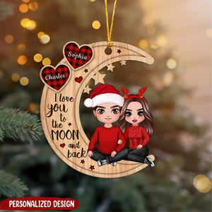 Christmas Doll Couple Sitting Hugging Personalized Wood Ornament