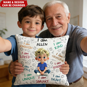 I Am Enough, Loved, Unique, Brave, Cartoon Girl - Personalized Custom Pillow