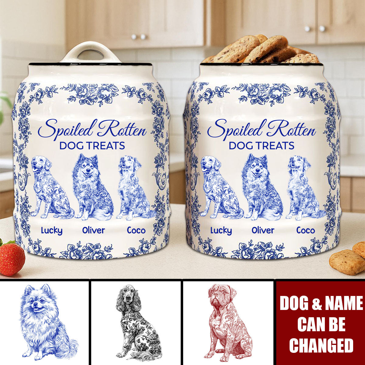 Spoiled Rotten Dog Treats Floral Toile De Jouy Chinoiserie - Personalized Cookie Jar