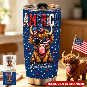 Land Of The Free - Personalized Highland Cow Tumbler