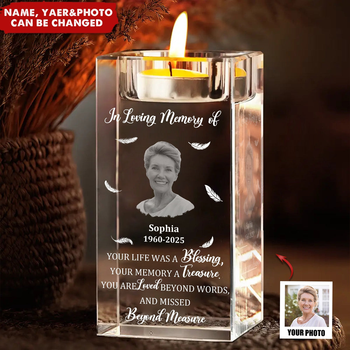Custom Photo Your Life Was A Blessing Memorial - Personalized Crystal Candle Holder