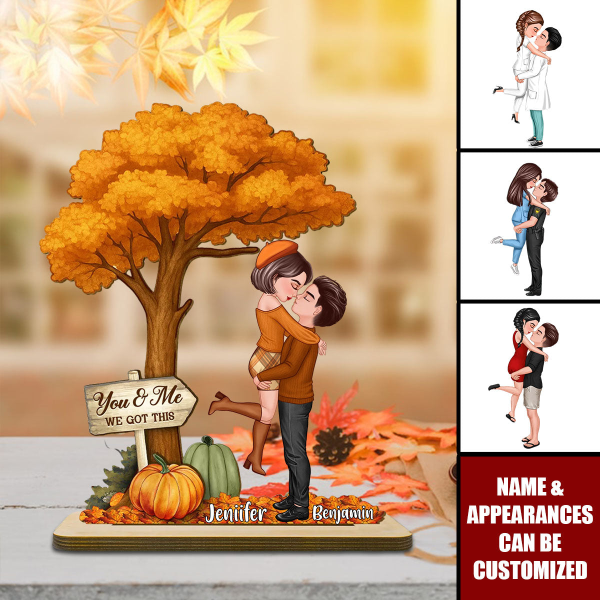 Fall Season Couple Hugging Kissing Under Tree Personalized Standing Wooden Plaque
