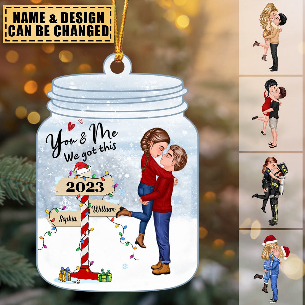 Winter Couple Hugging Kissing In The Snow - Personalized Acrylic Christmas Ornament