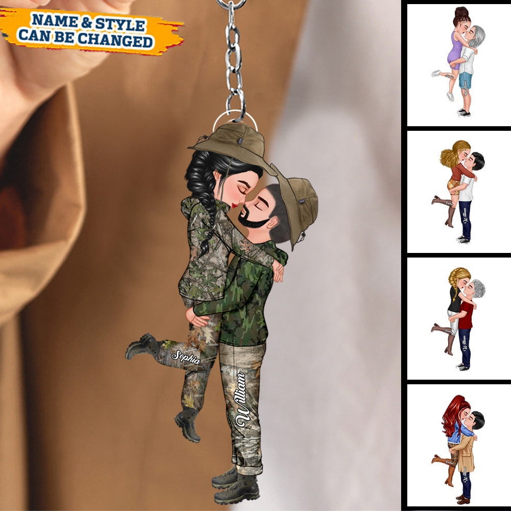 Personalized Hunting Couple Camo Pattern, Doll Couple Kissing Hugging Keychain