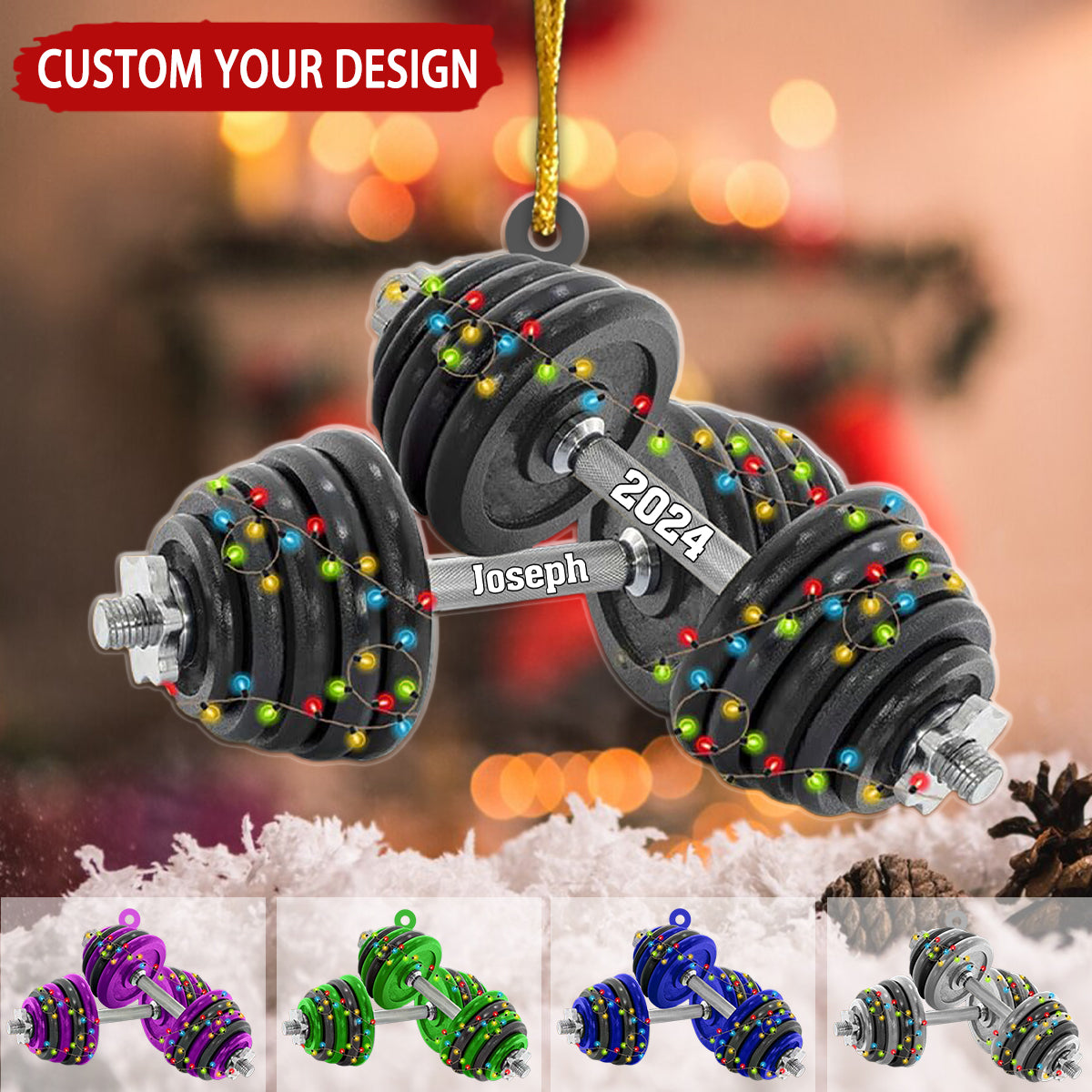 Dumbbell With Christmas Light Personalized Christmas Ornament, Gift For Fitness Lover