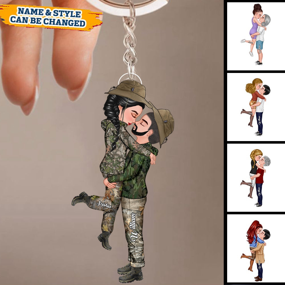 Personalized Hunting Couple Camo Pattern, Doll Couple Kissing Hugging Keychain