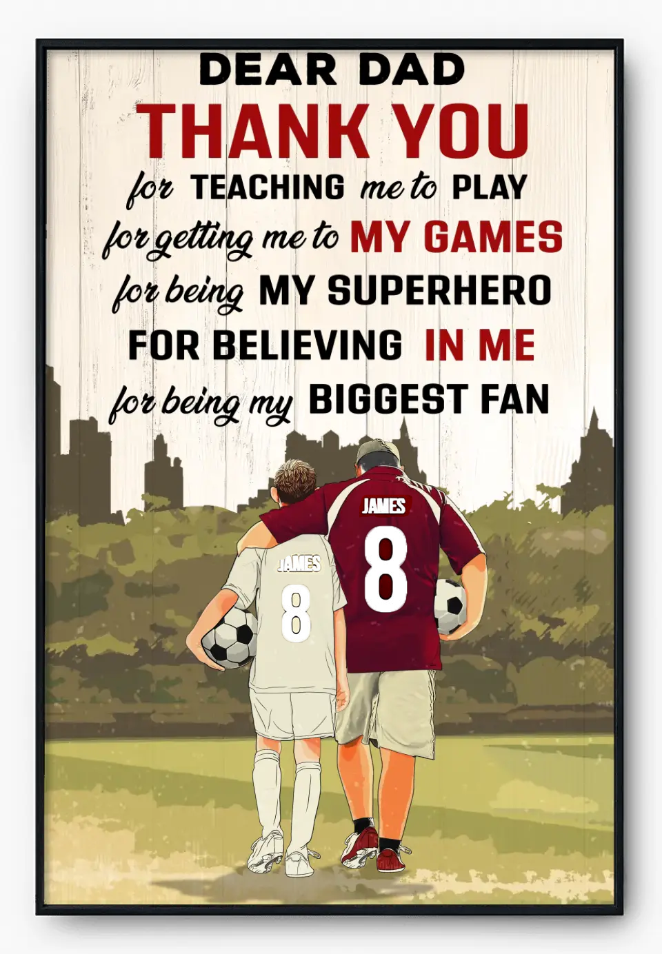 Personalized Dear Dad, Thank You For Teaching Me To Play Soccer Poster with custom Name, Number & Appearance, Gifts For Soccer Players, Sport Gifts For Son, Soccer Lover Gifts