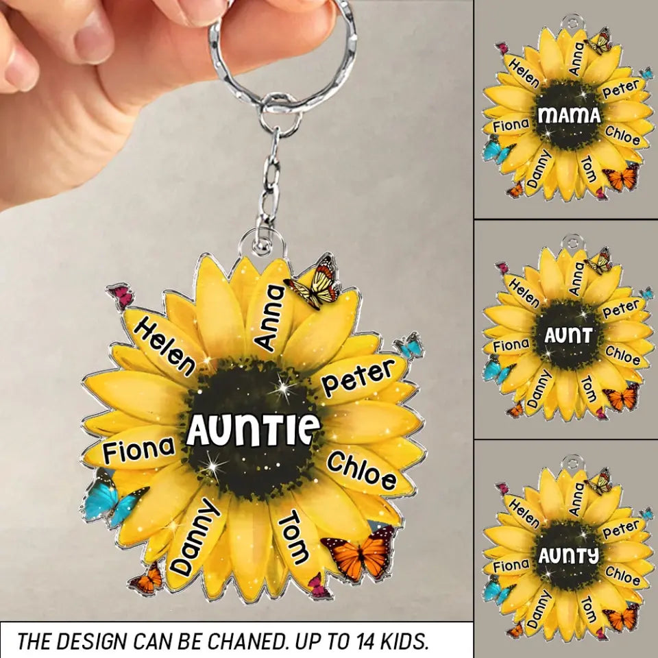 Personalized Nana Mom Auntie Sunflower with Kid Names Acrylic Keychain