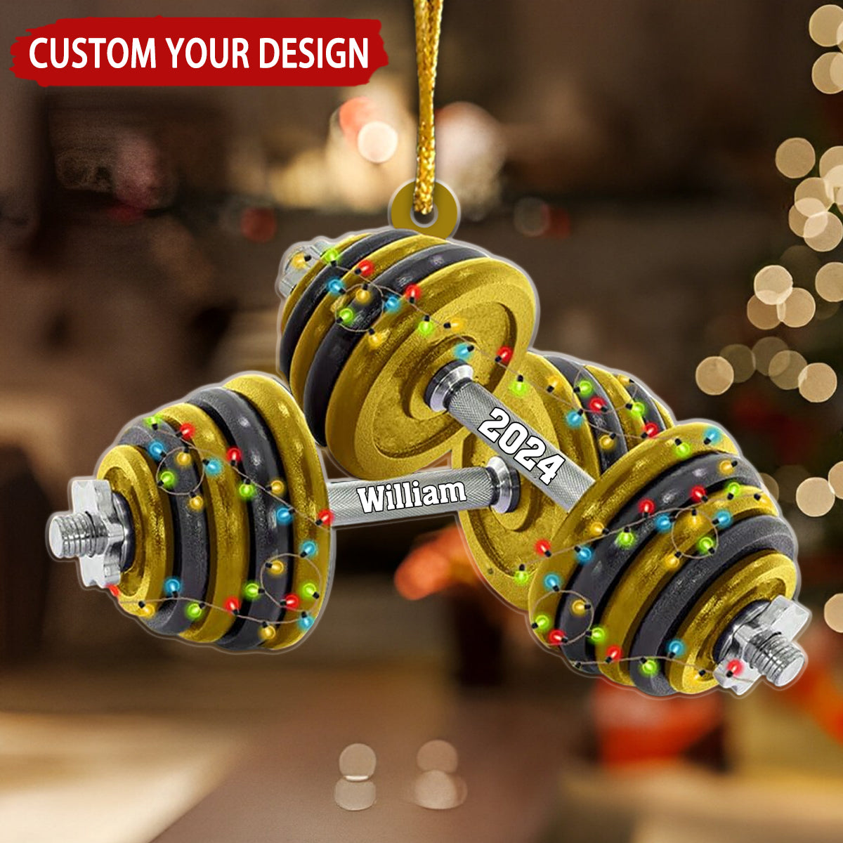 Dumbbell With Christmas Light Personalized Christmas Ornament, Gift For Fitness Lover