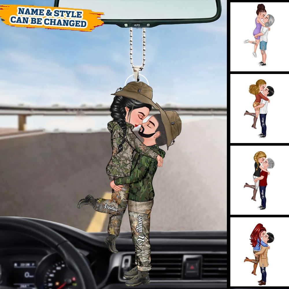 Personalized Hunting Couple Camo Pattern, Doll Couple Kissing Hugging Car Ornament