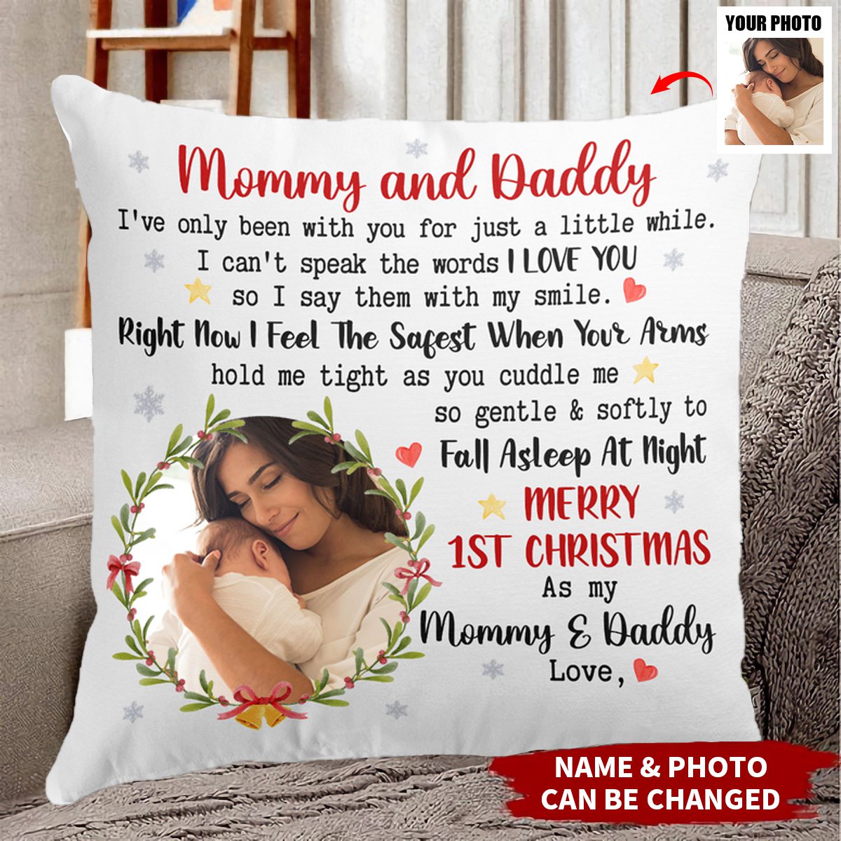 Daddy Mommy First Christmas With Newborn Baby - Personalized Photo Pillow