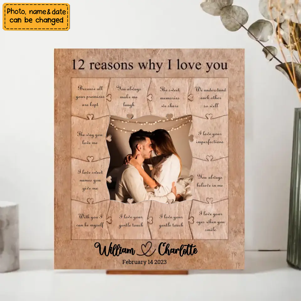 12 Reasons Why I Love You - Personalized Wooden Puzzle Piece Collage Frame, Birthday Gift for Her, Anniversary Gift