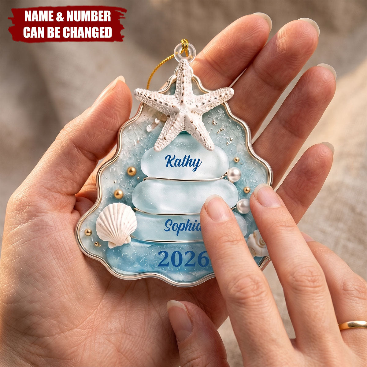 Personalized Sea Glass Family Tree Acrylic Ornament - Custom Coastal Christmas Gift for Family