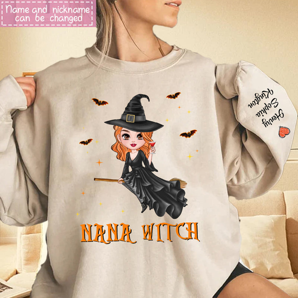Personalized Nana Life Witch Halloween Custom Grandma With Grandkids Name On The Sleeve Halloween Sweatshirt