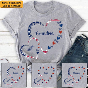 4th Of July America Flag Heart Mom Grandma And Grandkids Hearts Gift For Grandma Personalized Shirt
