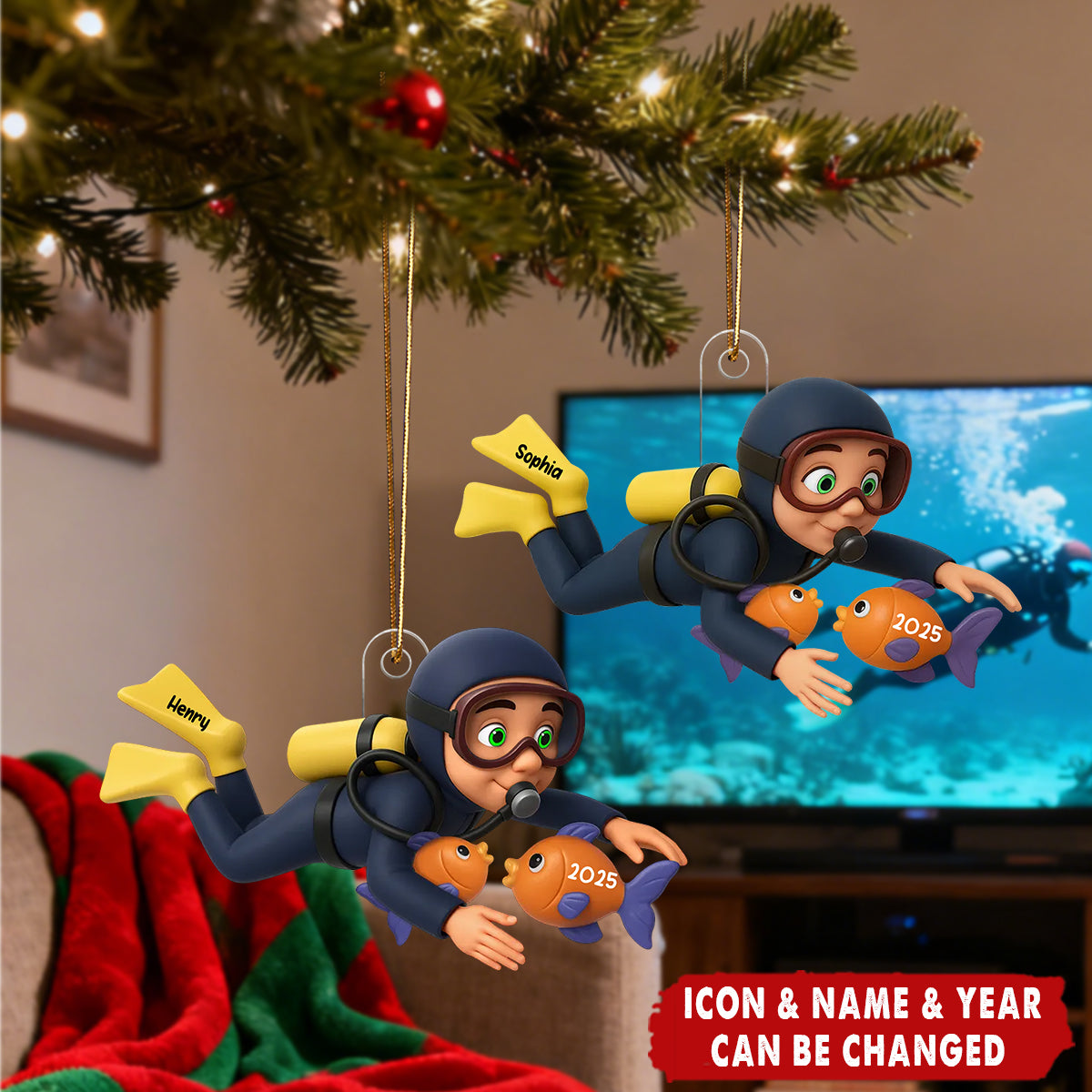Christmas Boy Girl Scuba Diving - Personalized Acrylic Ornament - Gift For Scuba Diver, Grandson, Granddaughter