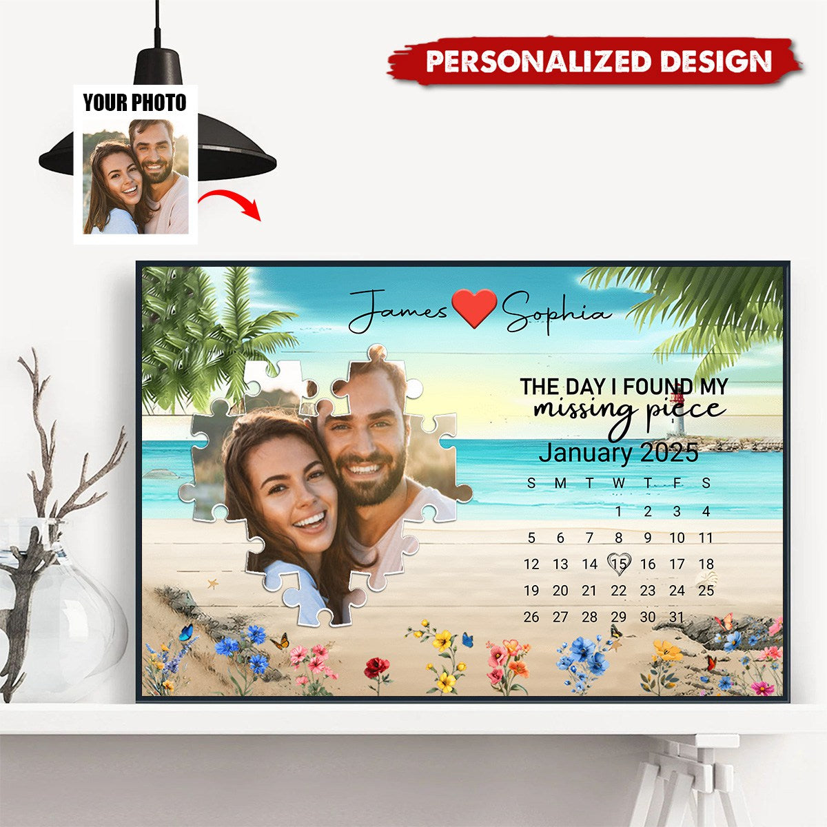 The Day I Found My Missing Piece – Customizable Couple's Poster, Gift for lover, with Puzzle Heart, Calendar, and Floral Details