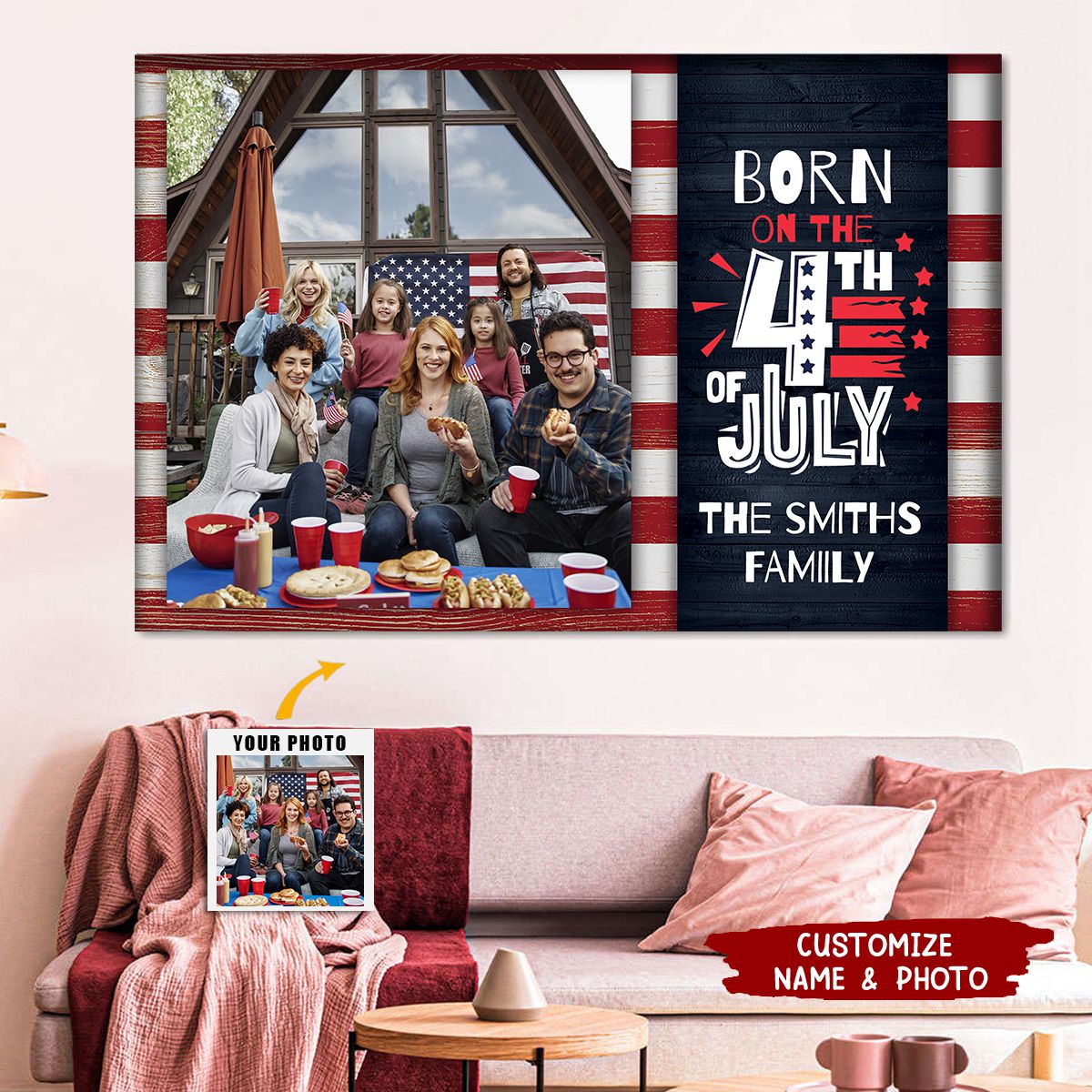Stripes Born On The 4th of July Family Personalized Poster