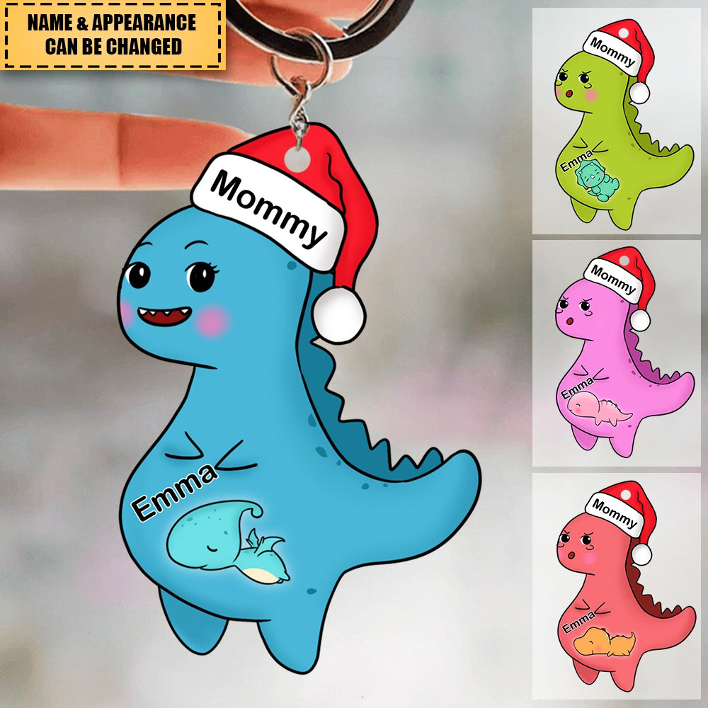 Personalized Pregnant Mom Dinosaur Kid Keychain