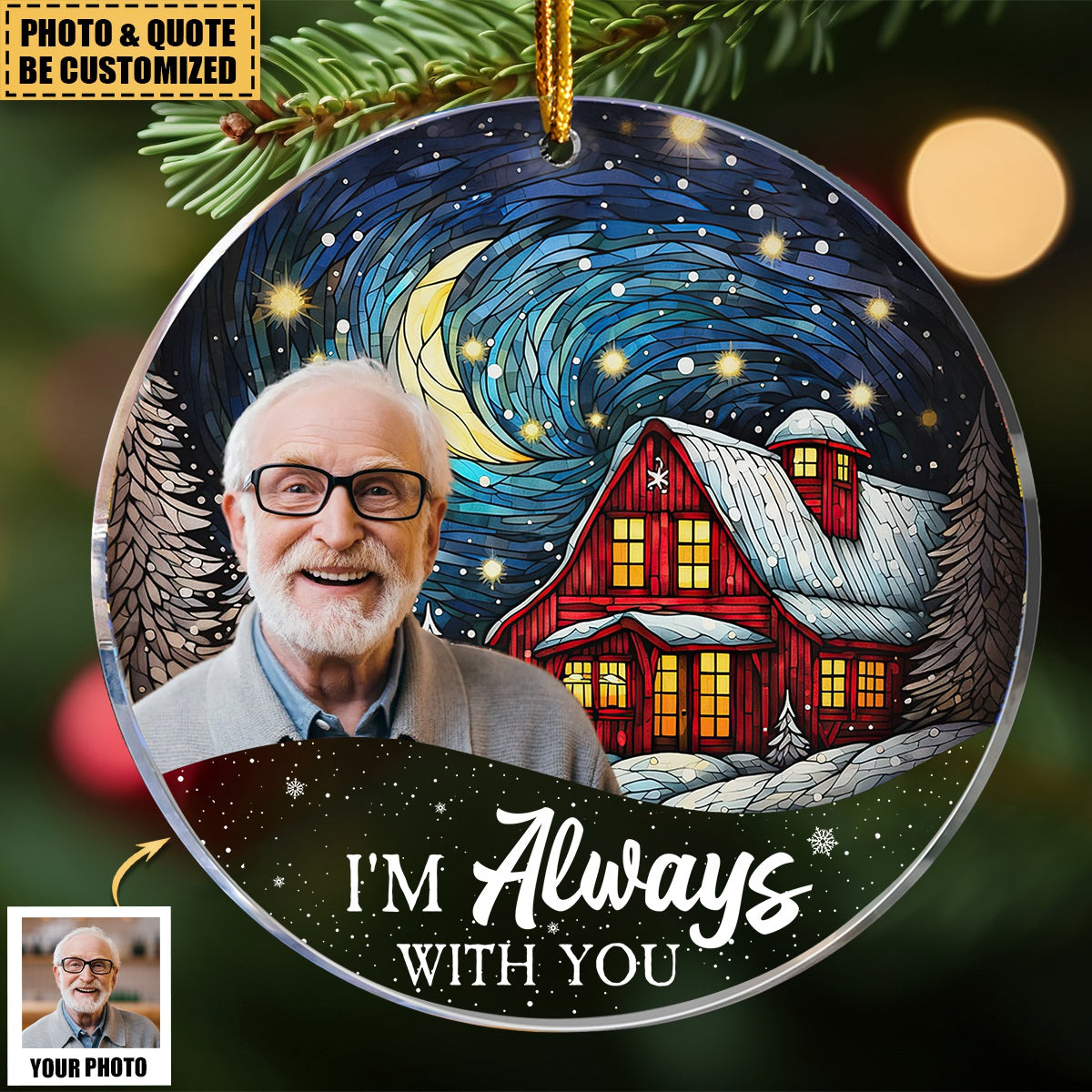 Red Barn Christmas Night Heaven - Memorial Gifts - Personalized Acrylic Photo Ornament