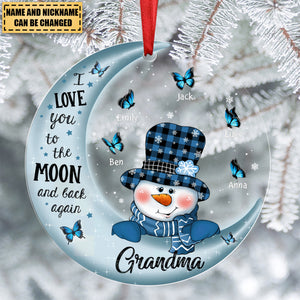 Cute Snowman Grandma Mom On Moon Little Butterfly Kids Personalized Ornament