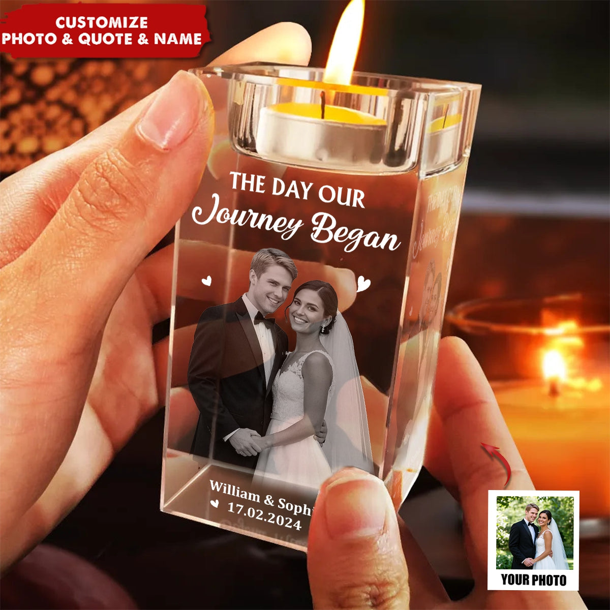 Custom Photo The Date We Became Mr. & Mrs. - Personalized Crystal Candle Holder