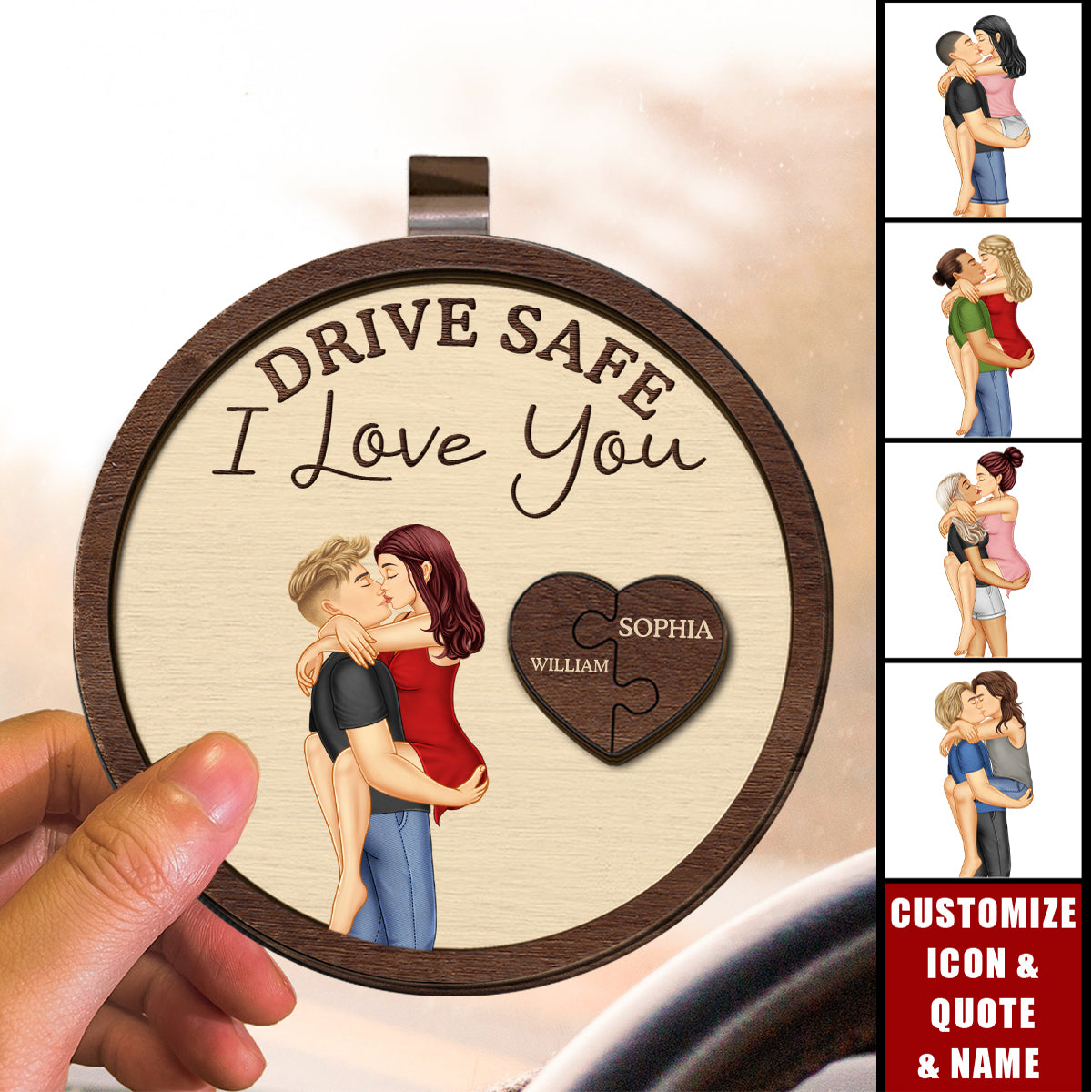 Drive Safe I Love You Kissing Couples - Personalized Custom Shaped Car Visor Clip