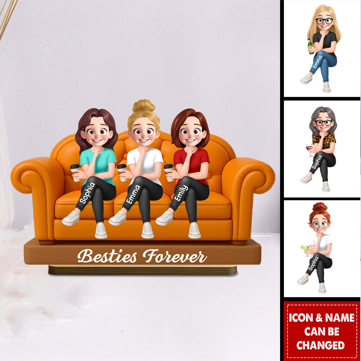 Besties Sitting On Sofa Personalized Wooden Standing Plaque, Gift for Besties, Sisters, Best Friends