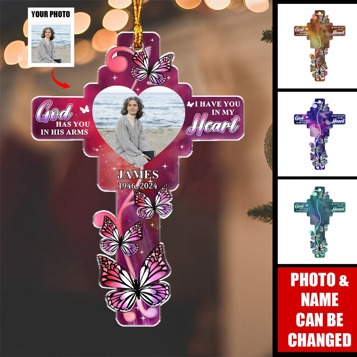 Custom Photo God Has You In His Arms - Personalized Acrylic Ornament