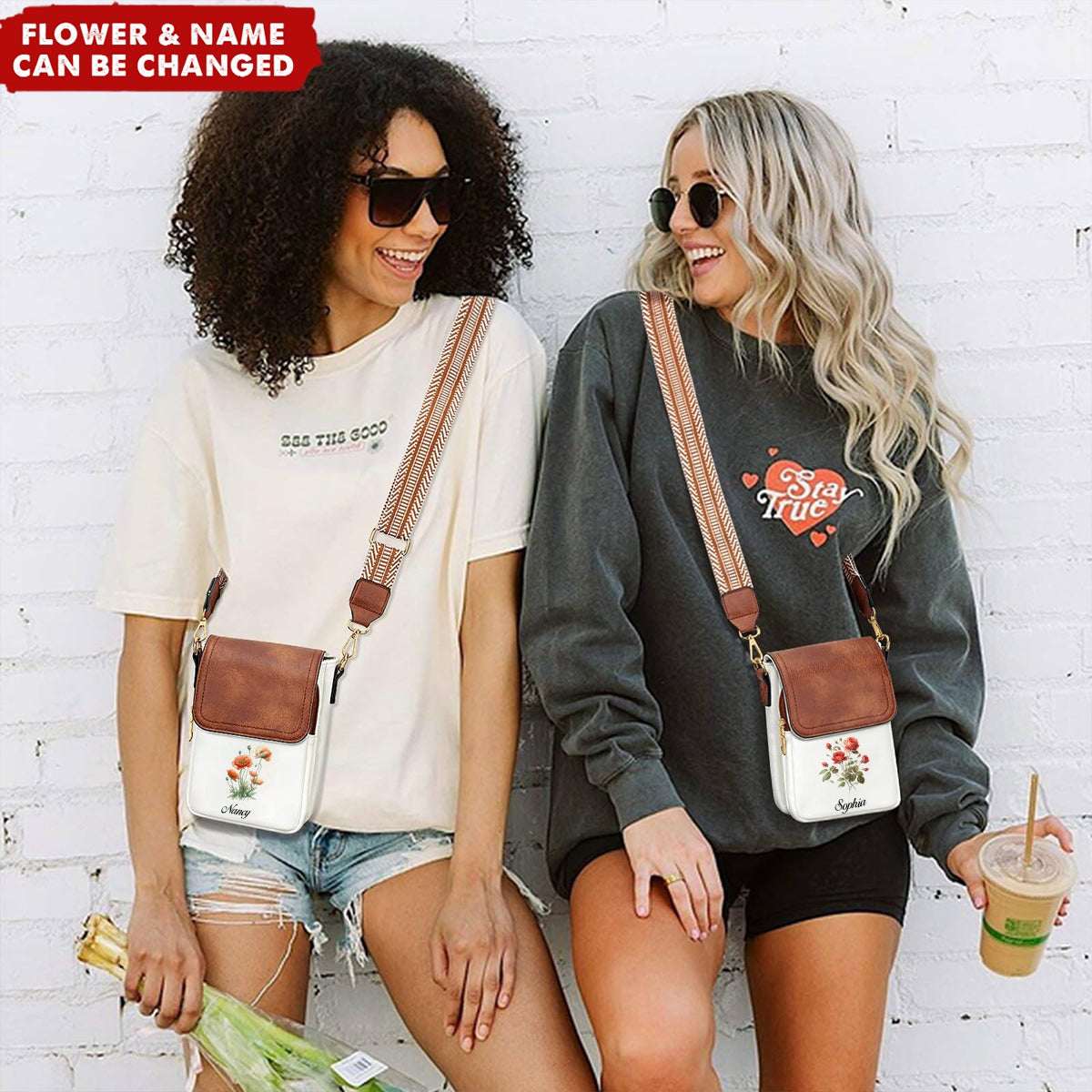 Personalized Birthday Flower Initials Leather Shoulder Crossbody Bag