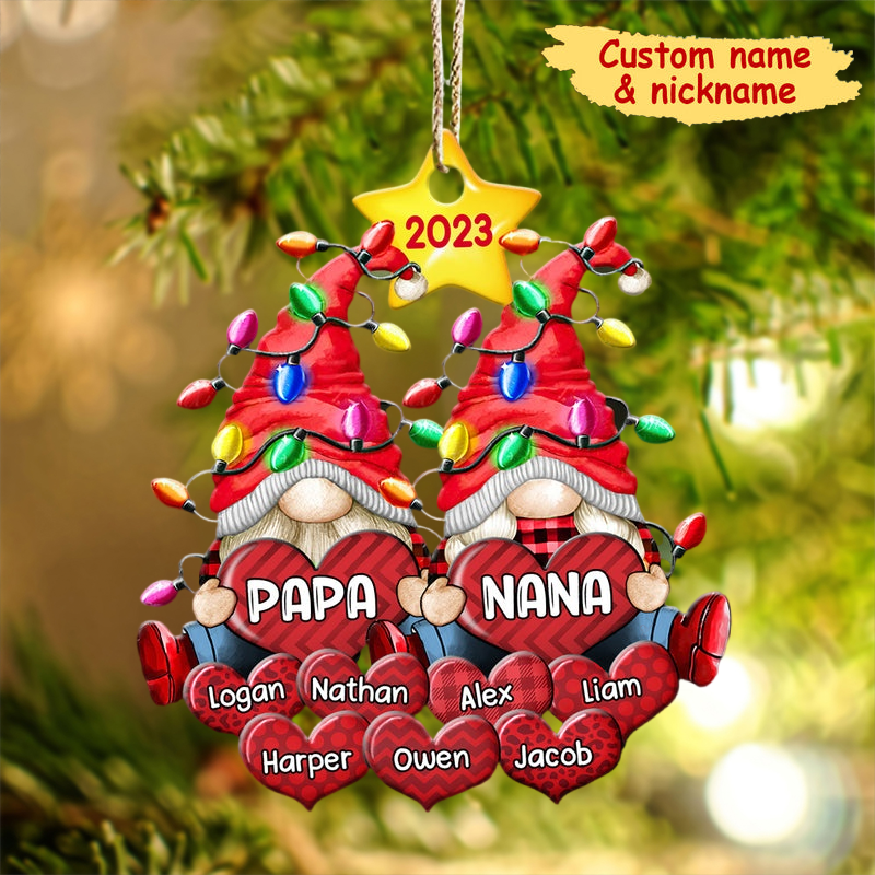 2023 Colorful Christmas Light Dwarf Couple Papa Grandma Nana Daddy Loves Sweet Heart Kids Personalized Ornament