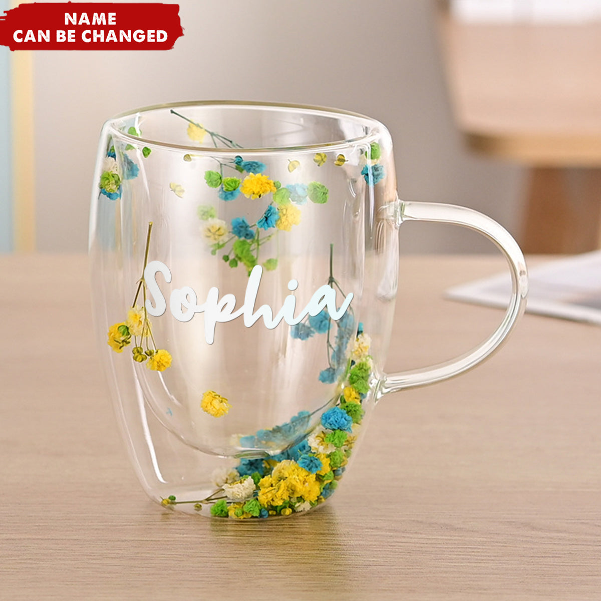 Dried Flowers Double Wall Glass Personalized Coffee Mugs