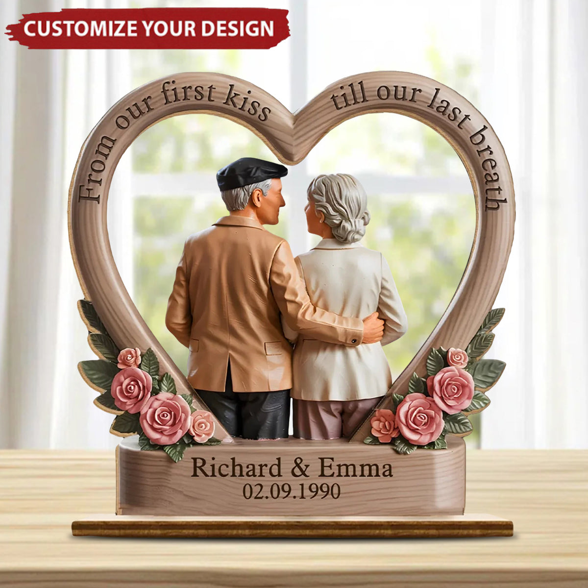 From Our First Kiss Till Our Last Breath - Couple Personalized Custom Shaped 2-Layered Wooden Plaque With Flat Stand