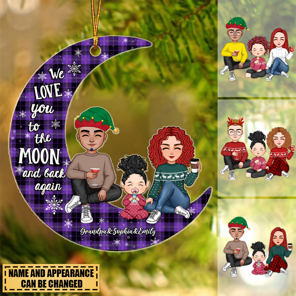 Checkered Pattern Cute Grandma Grandpa & Grandkid On Moon Christmas Gift Personalized Acrylic Ornament
