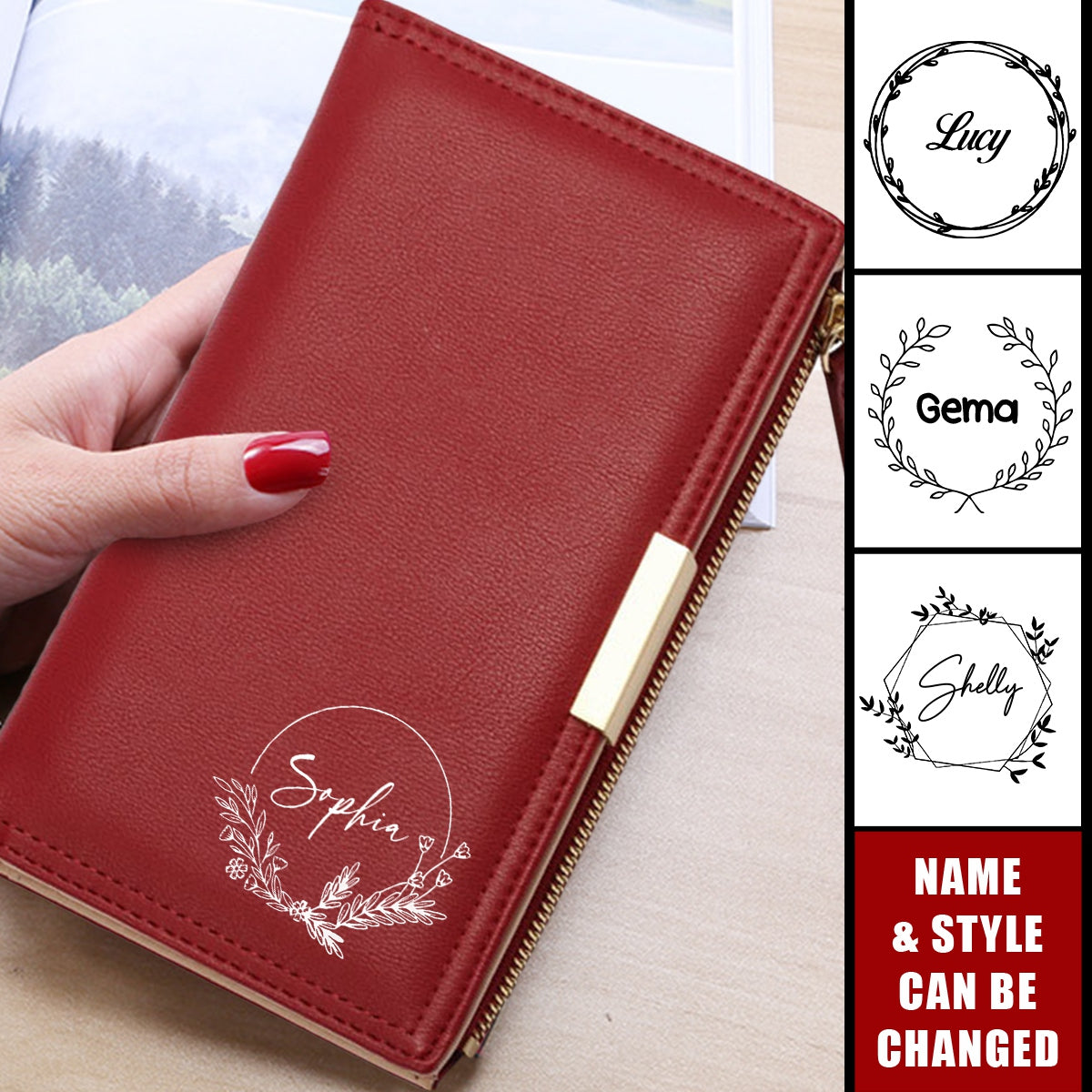 Zipper Magnetic Closure Double Fold Personalized Name Purse Wallet