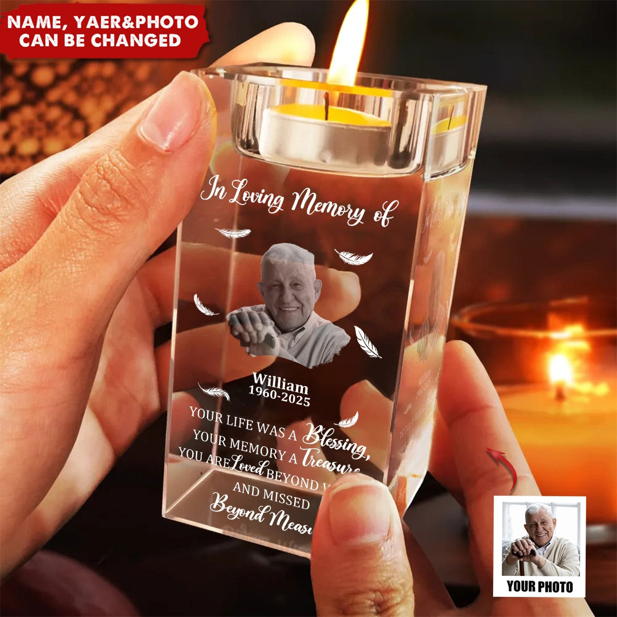 Custom Photo Your Life Was A Blessing Memorial - Personalized Crystal Candle Holder