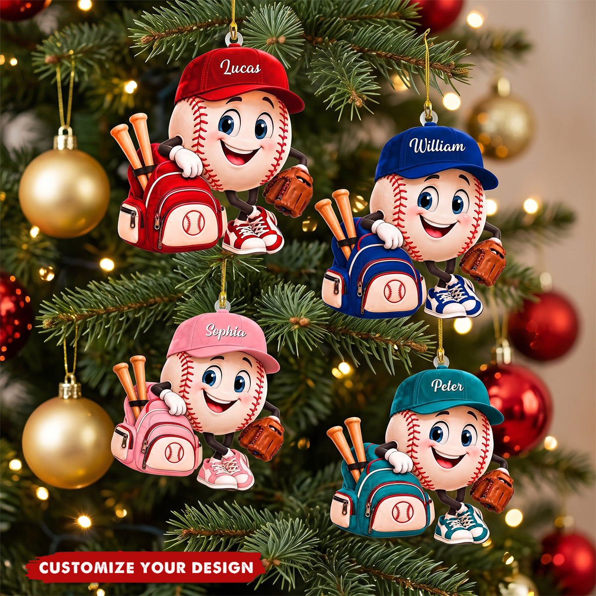 Personalized Baseball Mascot Ornament, Custom Name Baseball Player Christmas Ornament