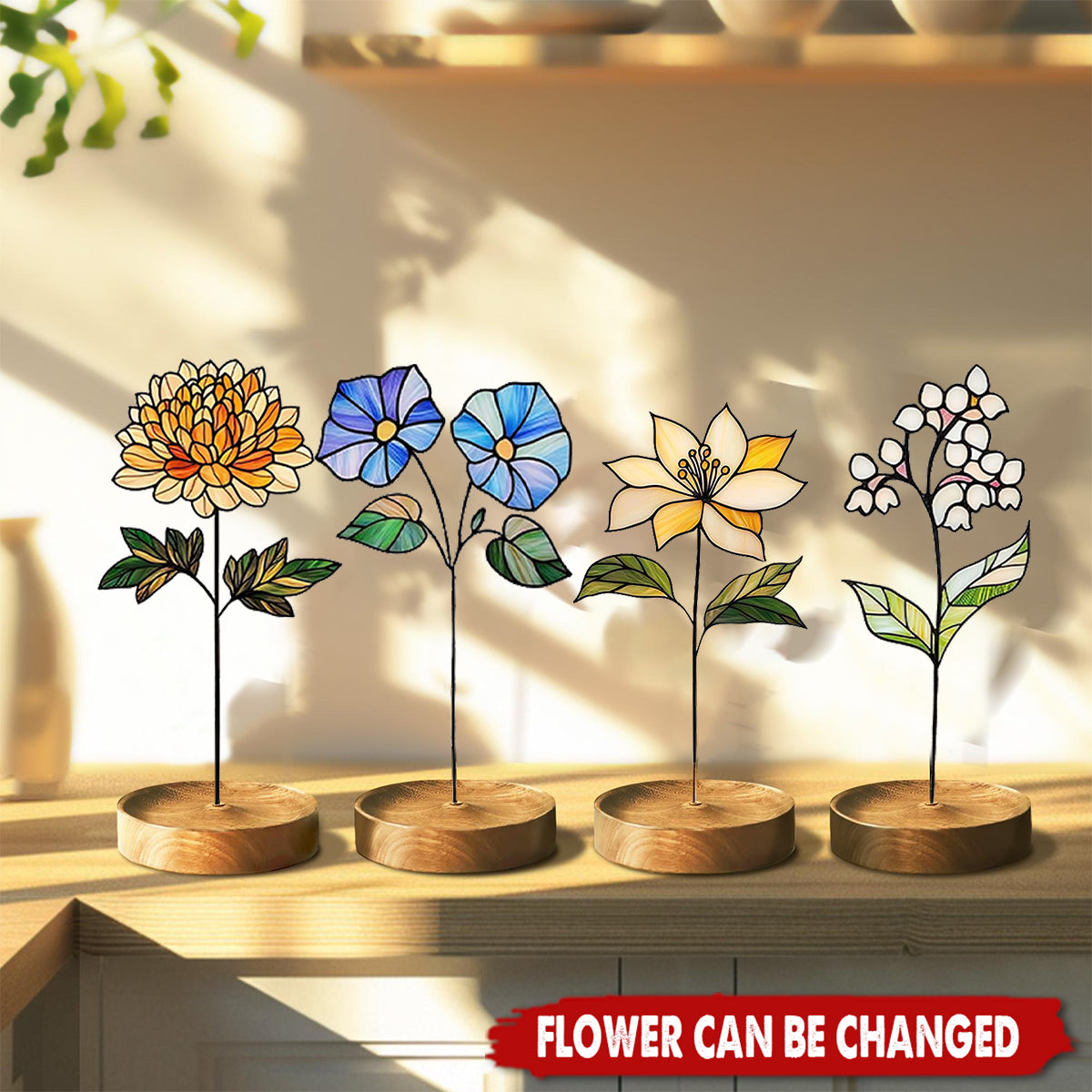 Personalized Birthday Flower Stained Glass Garden Stake Suncatcher