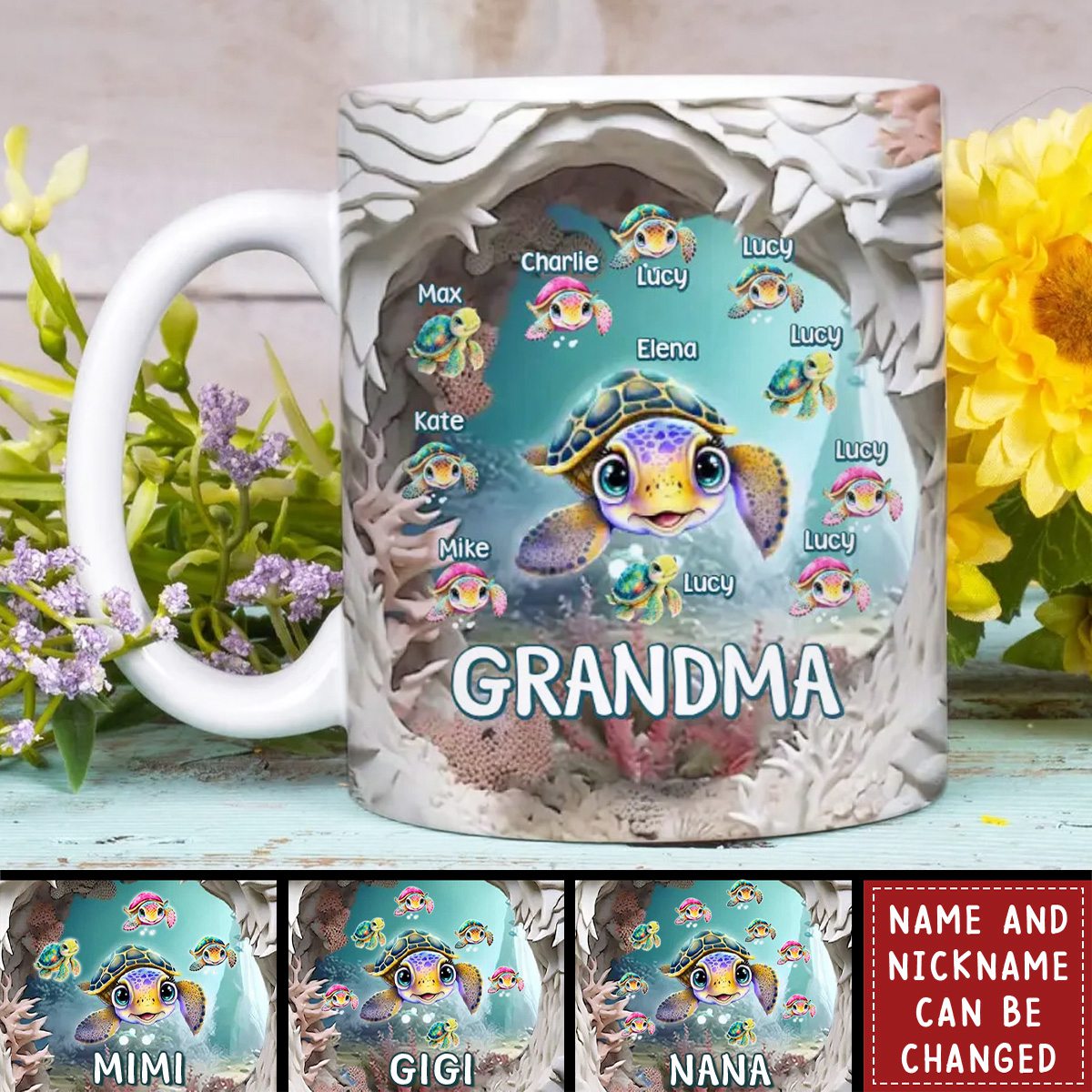 Custom Personalized Grandma With Kids Turtle 3D Effect Coffee Mug - Gift Idea For Grandma/ Mom/ Mother's Day - Upto 10 Kids