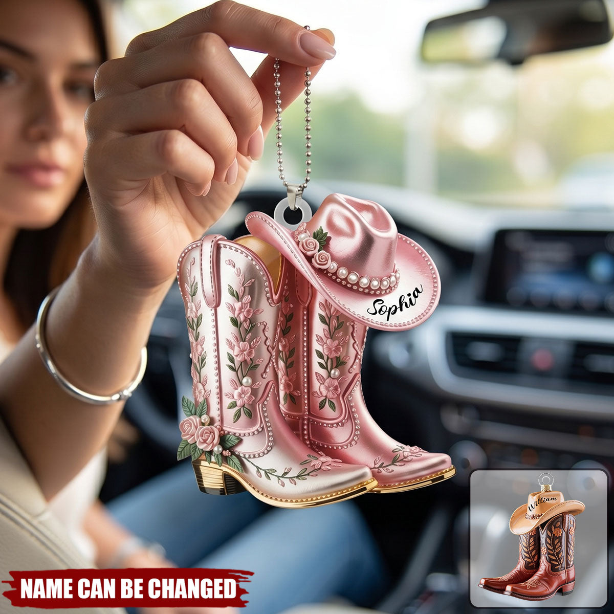 Cowgirl Cowboy Boots Personalized Western Acrylic Car Ornament