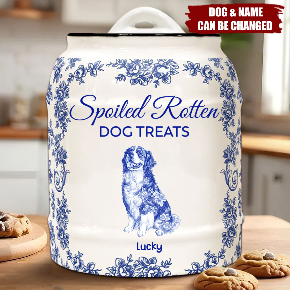 Spoiled Rotten Dog Treats Floral Toile De Jouy Chinoiserie - Personalized Cookie Jar