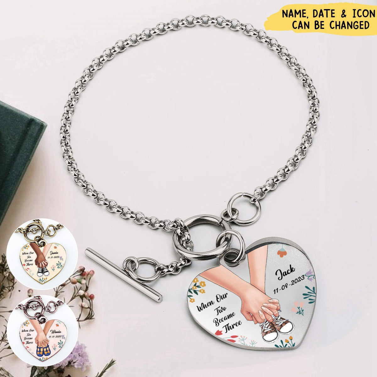 When Our Two Became Three - Personalized Heart Bracelet