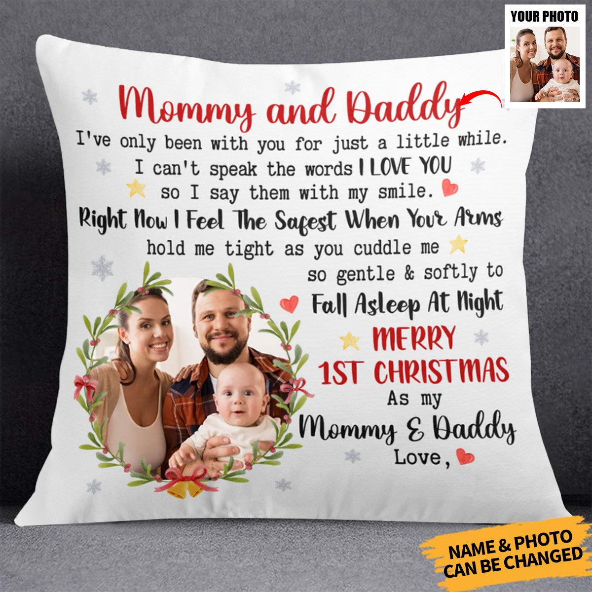 Daddy Mommy First Christmas With Newborn Baby - Personalized Photo Pillow