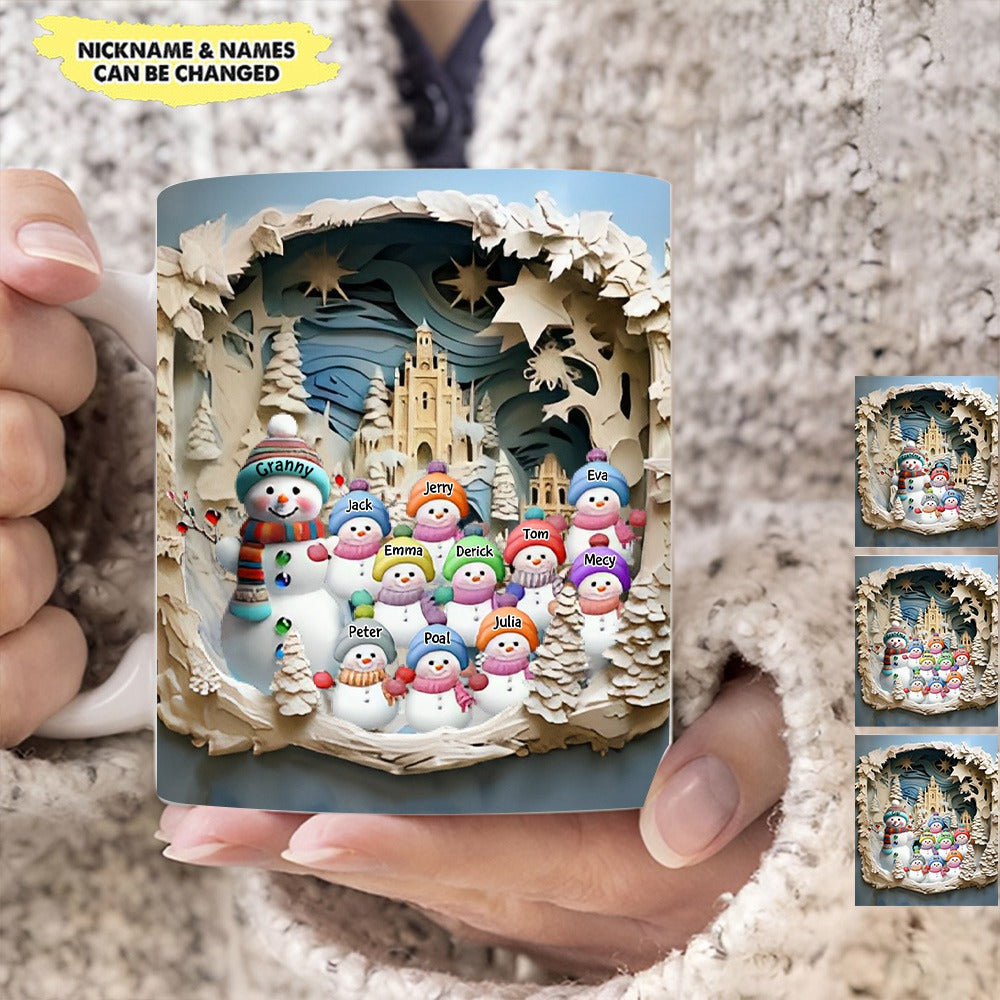 3D Inflated Blue Christmas Grandma Snowman With Little Snowman Kids Personalized Mug