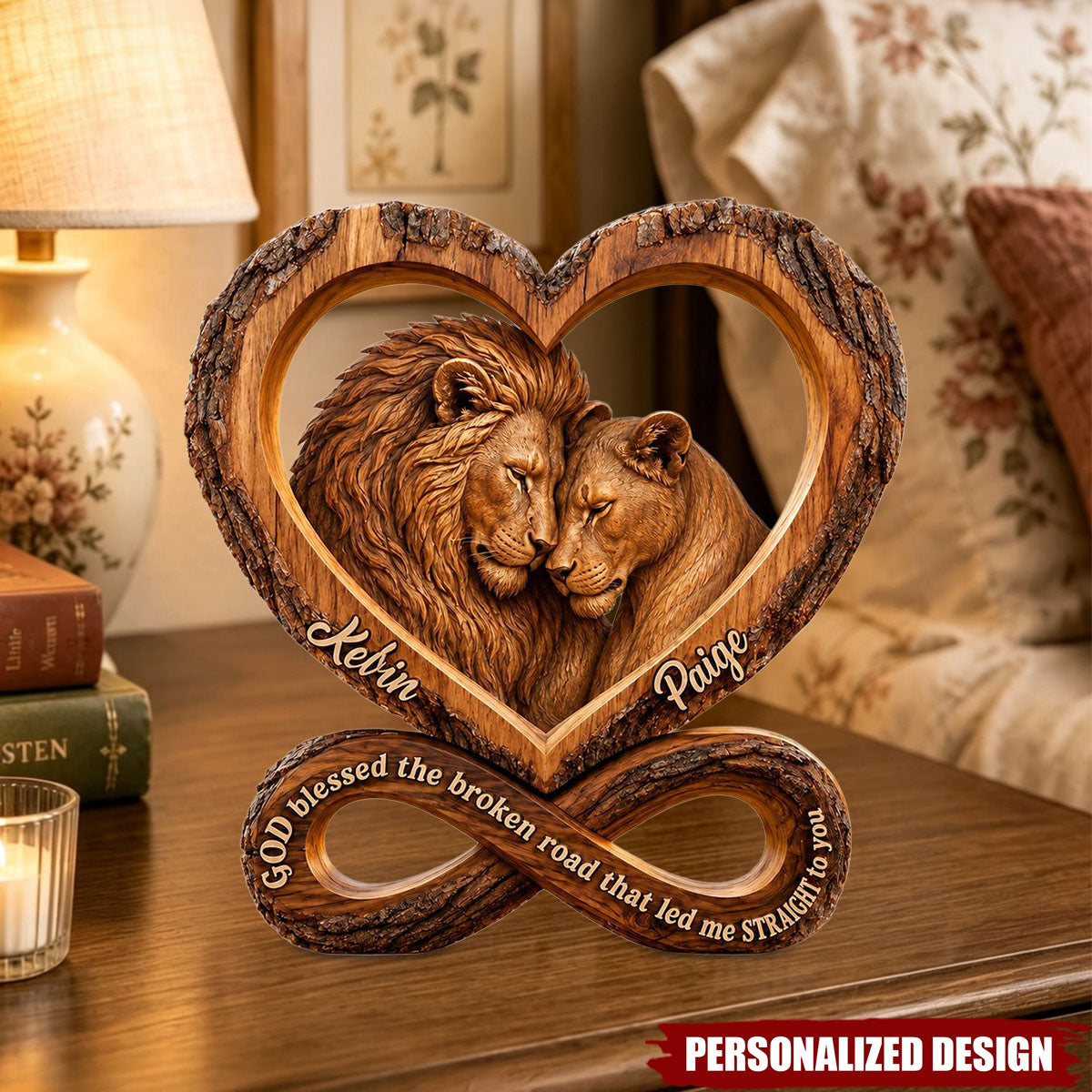 Personalized Lion Couple Heart Infinity Wooden Plaque - Faith Quote Couple Tabletop Decor