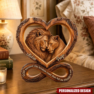 Personalized Lion Couple Heart Infinity Wooden Plaque - Faith Quote Couple Tabletop Decor